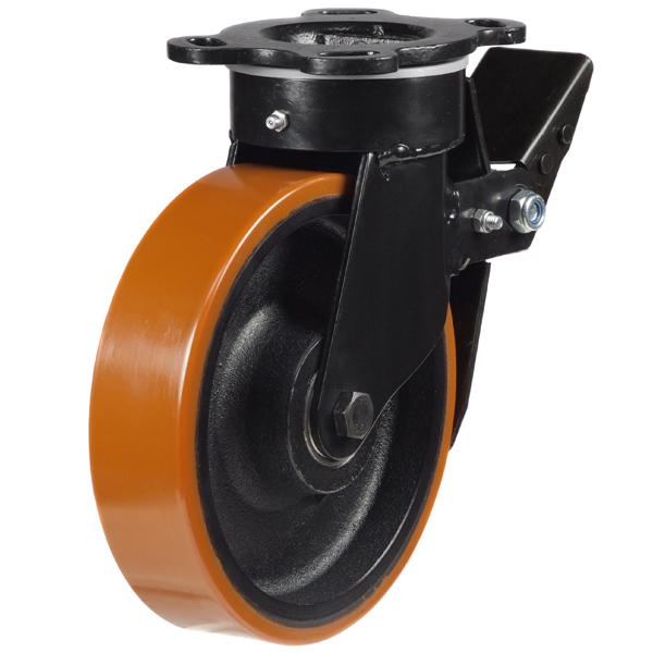 Heavy Duty Swivel Brake Castor With Polyurethane Tyre Cast Iron Centre